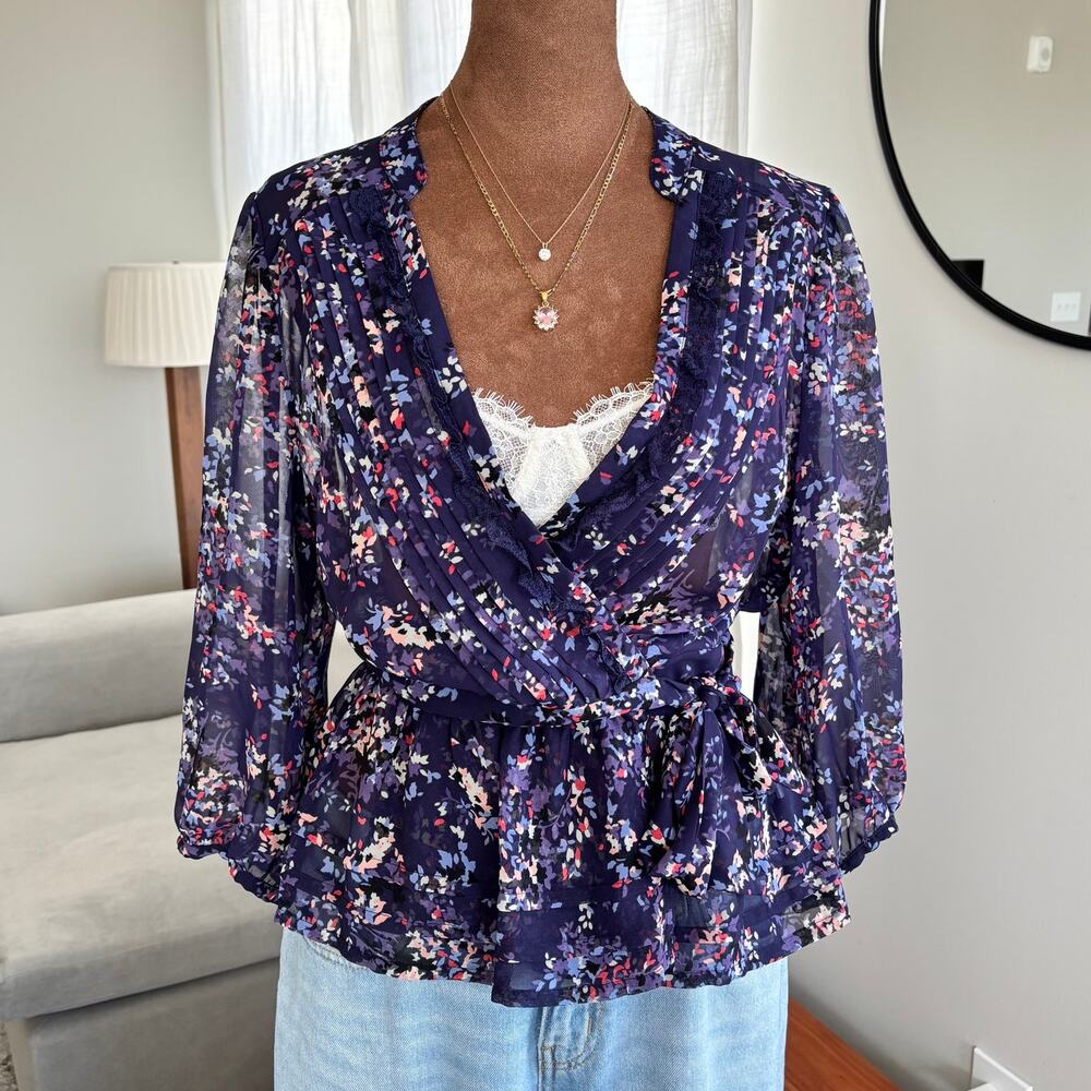 Purple Floral Wrap Top Medium Lace Trim Semi Sheer Boho Chic Fairy Preppy Summer